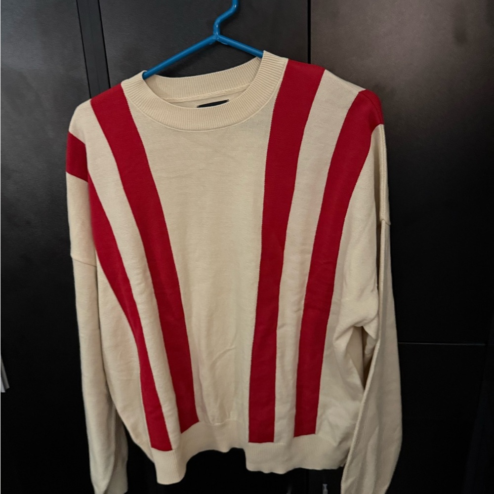 Cream Crewneck Sweater with Bold Red Stripes